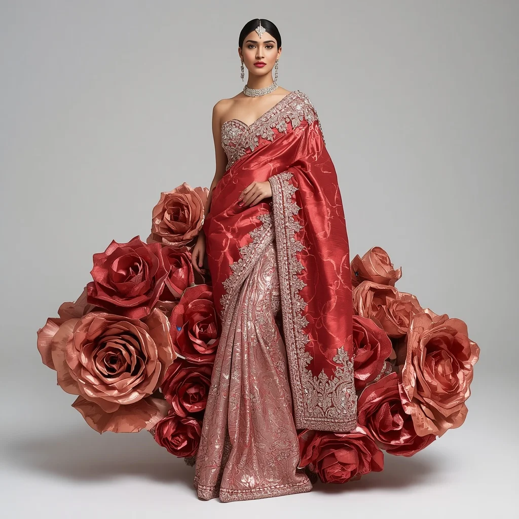 Metallic Rose Spiral Palace Saree with Floral Royal Citadel | New Instagram Trend Prompt For Girl And Boy Copy And Paste