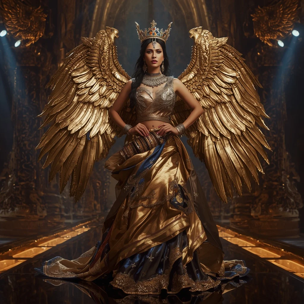 Metallic Royal Griffin Crown Saree with Imperial Sky Citadel | Prompt Seen Girl Photo Editing