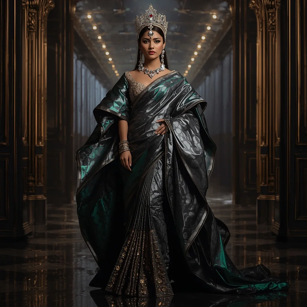 Metallic Royal Panther Crown Saree with Midnight Empire Palace | Saree Profile Pic Ai Prompt