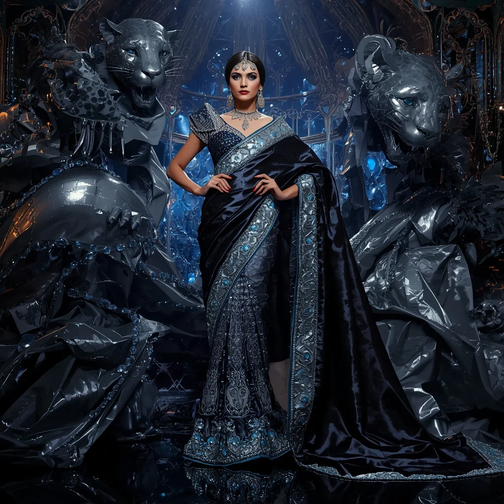 Metallic Royal Panther Empress Saree with Midnight Diamond Empire | Woman Pose Ai Prompt