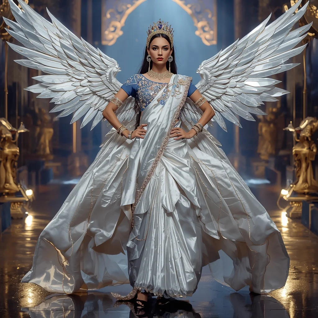 Metallic Royal Pegasus Crown Saree with Celestial Sky Empire | Prompt Engineering
