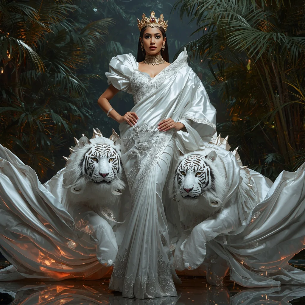 Metallic Royal White Tiger Crown Saree with Imperial Jungle Kingdom | Saree Ai Prompt