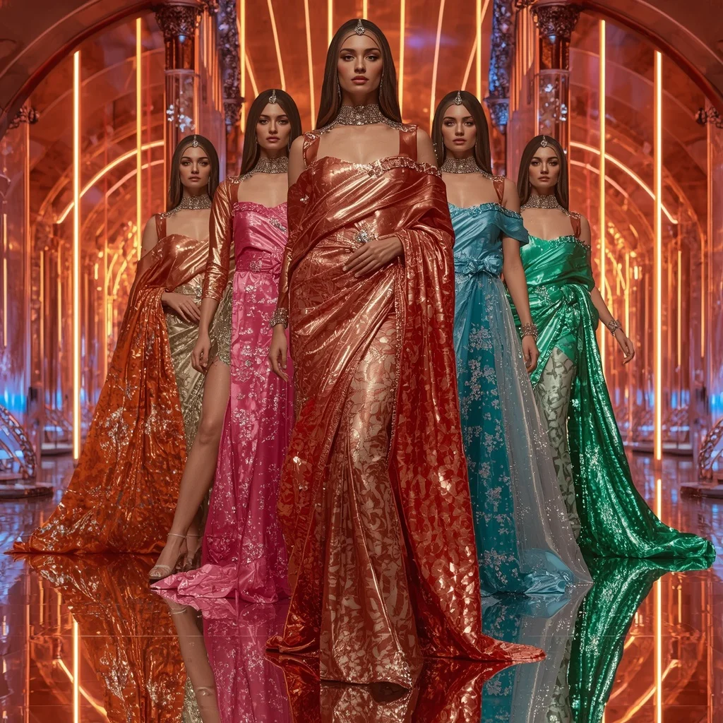 Metallic Sunset Celestial Megaverse Saree with Multi Editorial Frames and Neon Crystal Quantum Hyperrealm | 3d Animation Ai Prompt