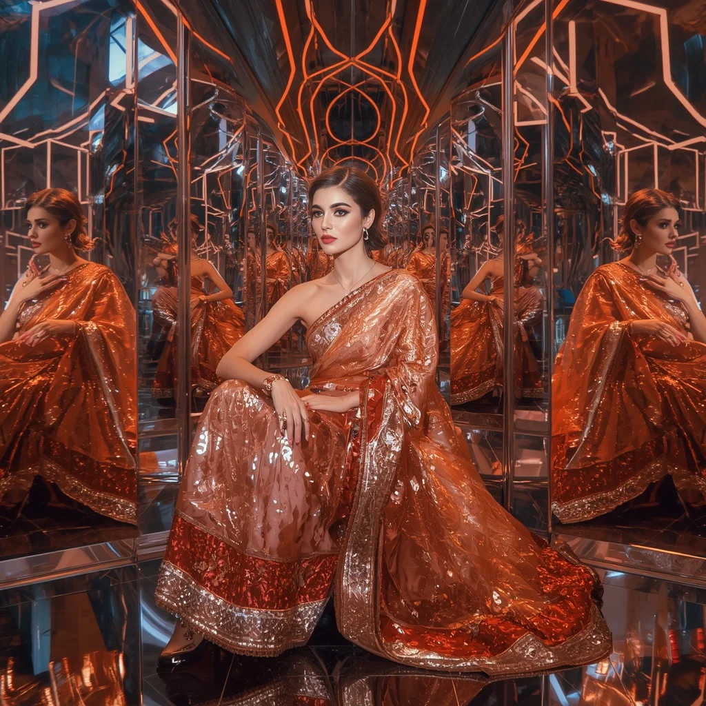 Metallic Sunset Celestial Supreme Saree with Multi Editorial Frames and Neon Crystal Eternal Universe | Prompt For Gemini