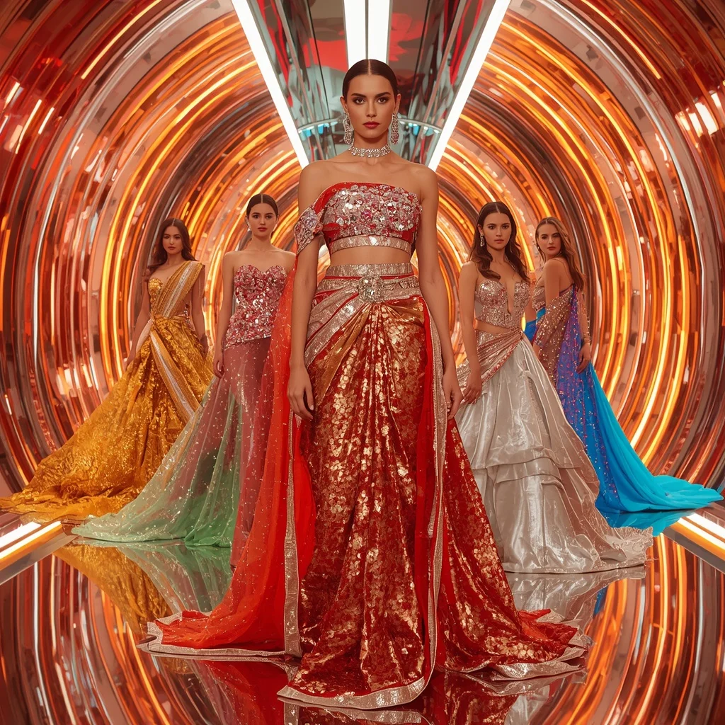 Metallic Sunset Quantum Hyperverse Saree with Multi Editorial Frames and Neon Crystal Eternal Hyperdimension | Ultra Realistic Ai Prompt