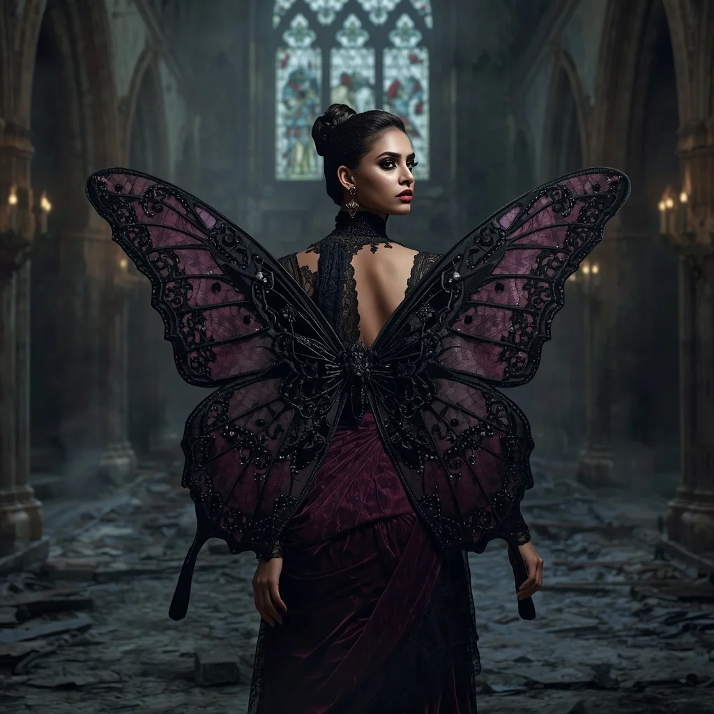 Midnight Amethyst Gothic Butterfly Saree with Haunted Cathedral Background | Instagram Aesthetic Ai Prompt