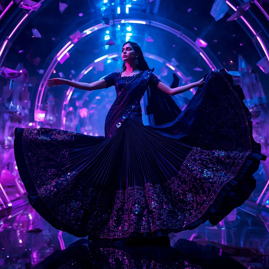 Midnight Aurora Infinity Saree with Floating Crystal Orbit Corridors | Instagram Post Ai Prompt