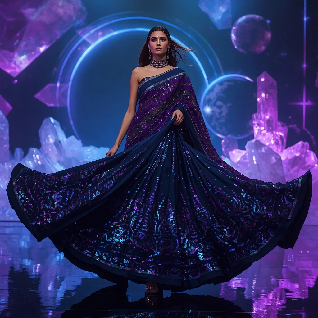 Midnight Aurora Mirage Saree with Floating Crystal Orbit Dimensions | Instagram Story Ai Prompt