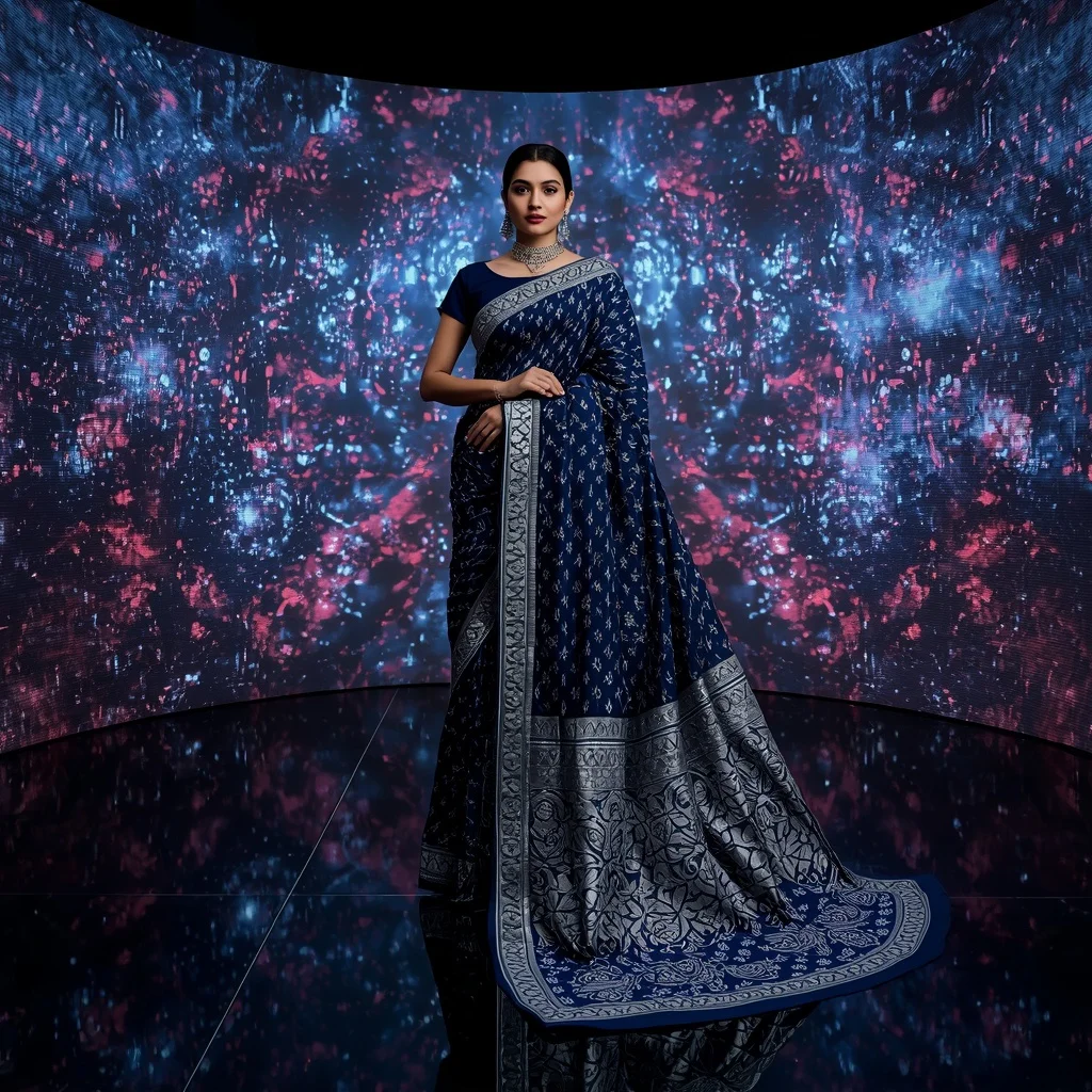 Midnight Blue Heavy Zardosi Starry Night Pattern Festive Saree | Prompt Ai For Girl Aesthetic