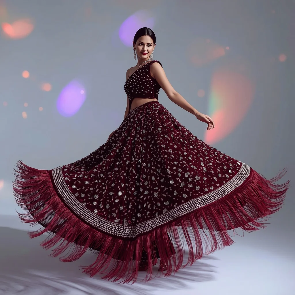 Midnight Burgundy Velvet Saree with Massive Crystal Fringe Overload | Gemini Ai Photo