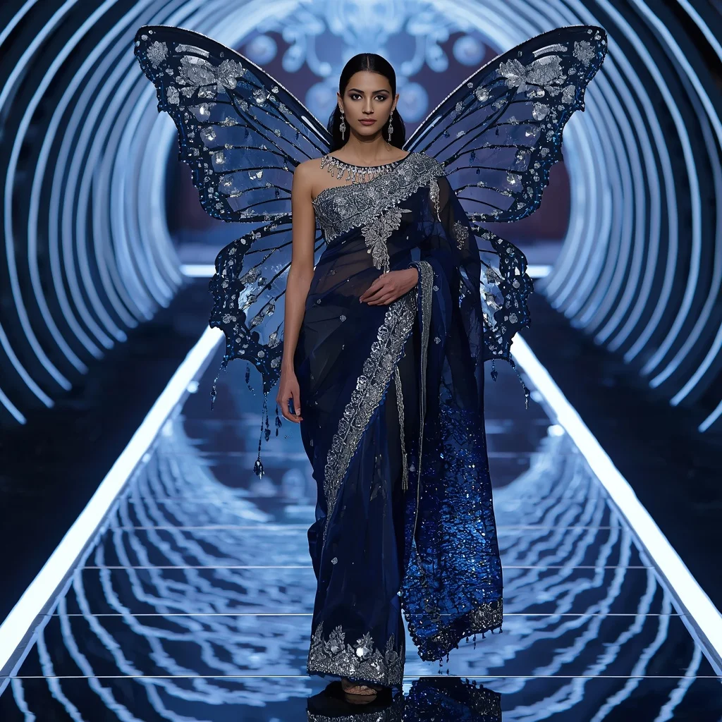 Midnight Butterfly Mirror Saree with Infinite Neon Runway | Gemini Photo Prompt