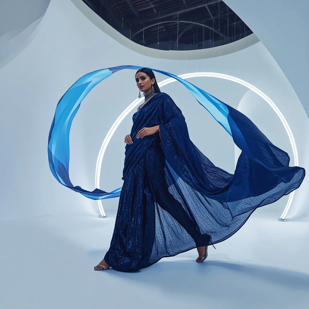 Midnight Cobalt and Chrome-Frame Saree with Floating Arc Lights | Instagram Reel Ai Prompt