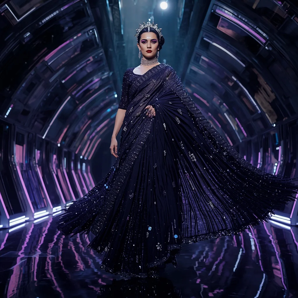 Midnight Cosmos Queen Saree with Noir Crystal Infinity Megafortress | Best Prompt Ai For Girl