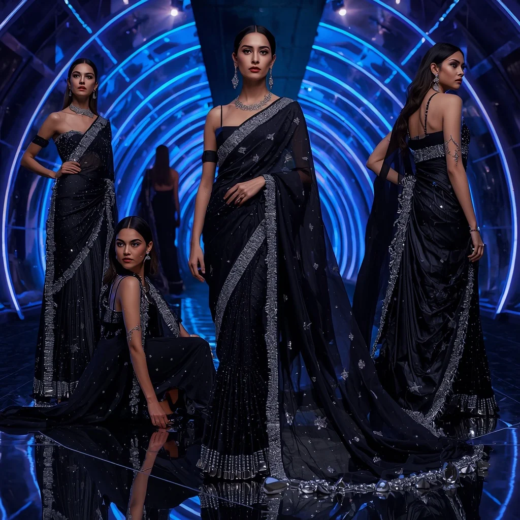 Midnight Crystal Nova Saree with Infinity Neon Galaxy Citadel | Photo Prompt