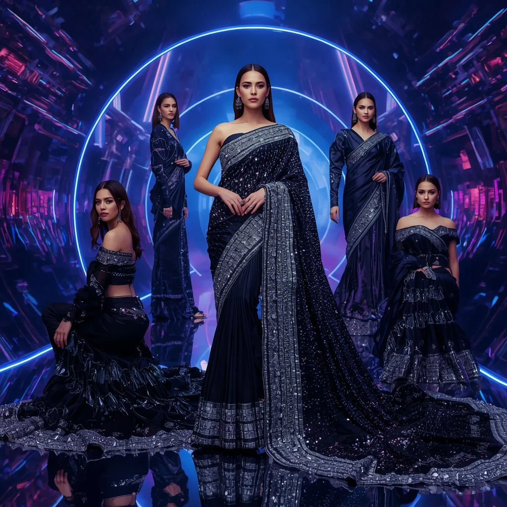 Midnight Crystal Nova Saree with Infinity Neon Orbit Palace | Prompt Seen Girl Photo Editing Chatgpt Download