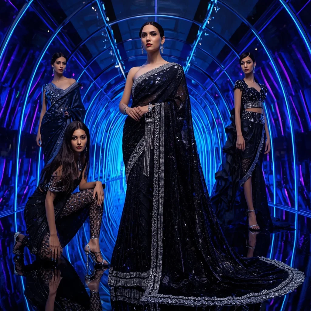 Midnight Crystal Nova Saree with Infinity Neon Prism Fortress | ChatGPT Photo Editing Prompts Trending Instagram For Girl