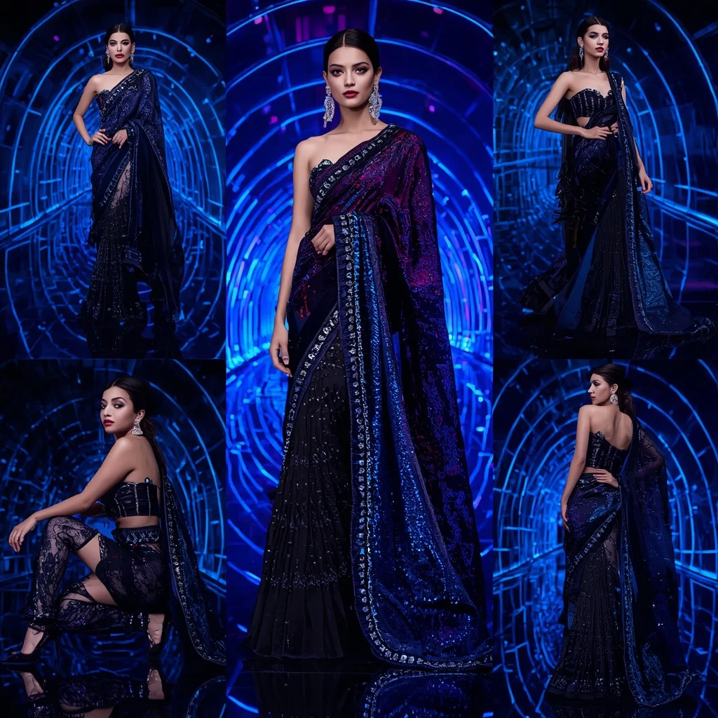 Midnight Crystal Nova Saree with Infinity Neon Tunnel | Pre Wedding Ai Prompt
