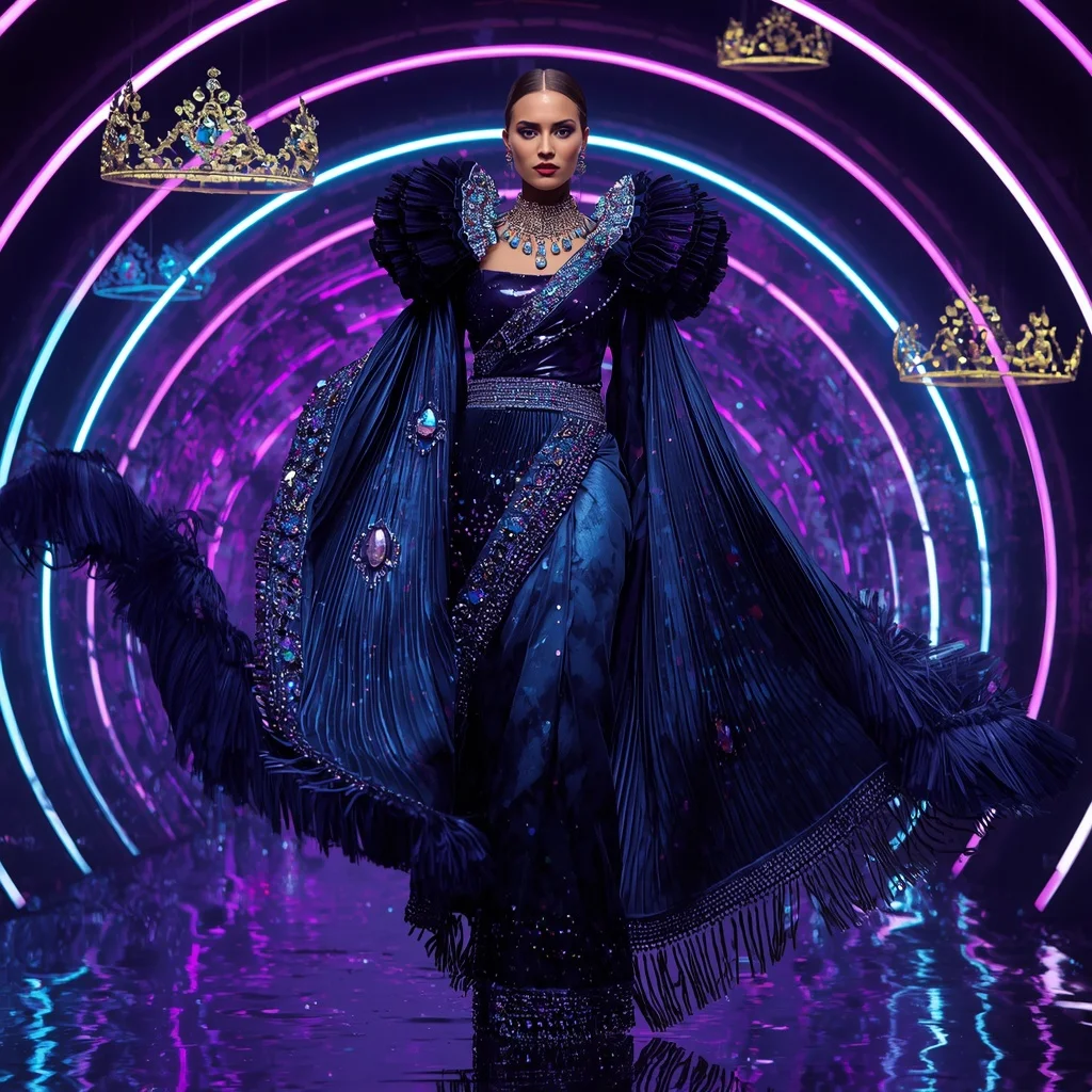Midnight Galaxy Mirror Saree with Floating Neon Crowns | Instagram Story Ai Prompt