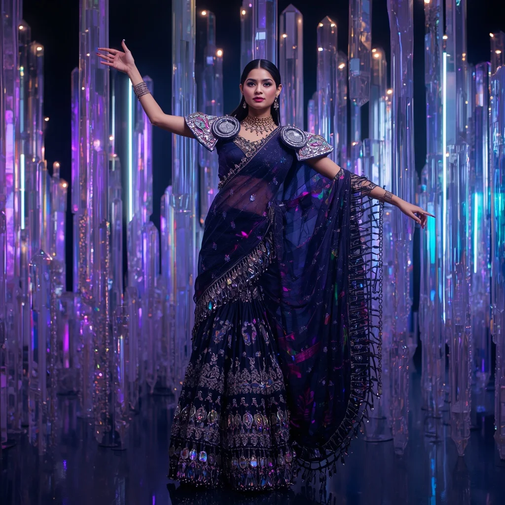 Midnight Galaxy Prism Saree with Floating Halo Crystal Palace | ChatGPT Ai Prompt