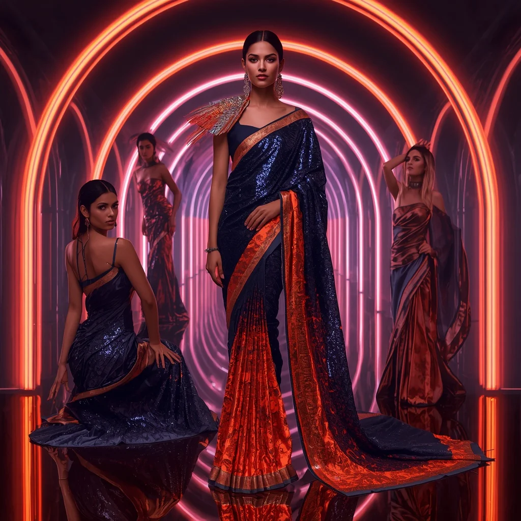 Midnight Inferno Couture Saree with Neon Arc Crystal Infinity Metaverse | Korean Ai Prompt