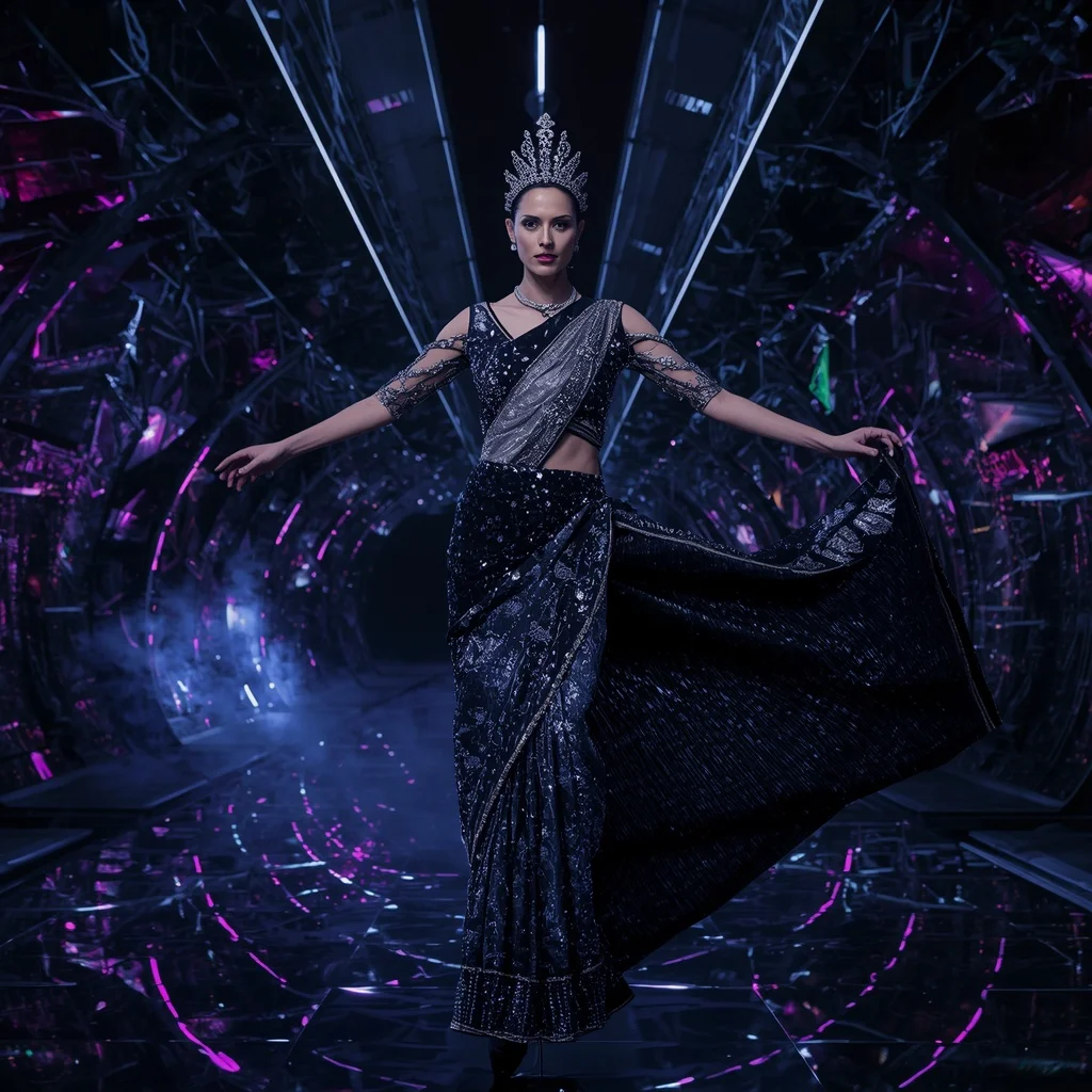 Midnight Nebula Crown Saree with Noir Crystal Infinity Megafortress | Instagram Reel Ai Prompt