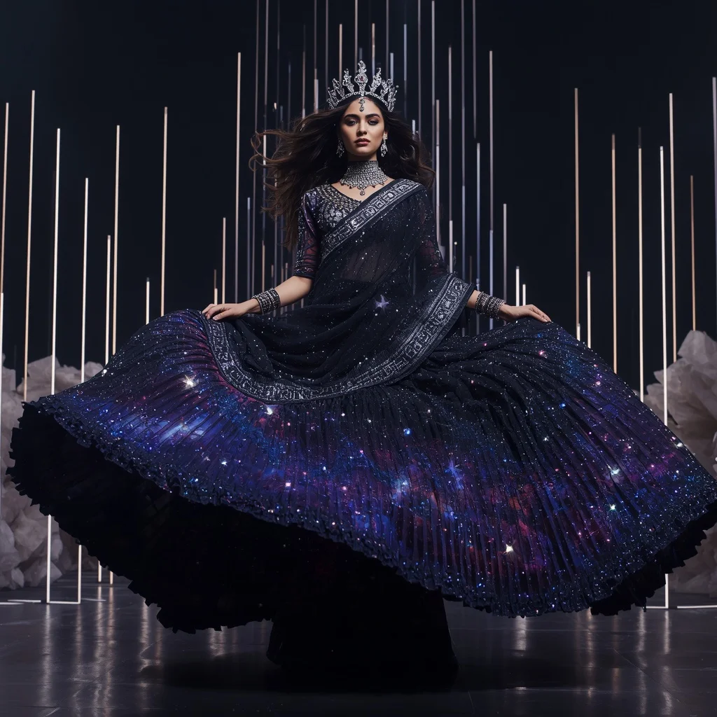Midnight Nebula Maharani Saree with Cosmic Crystal Universes and Galaxy Crown Citadel | Cute Girl Ai Prompt