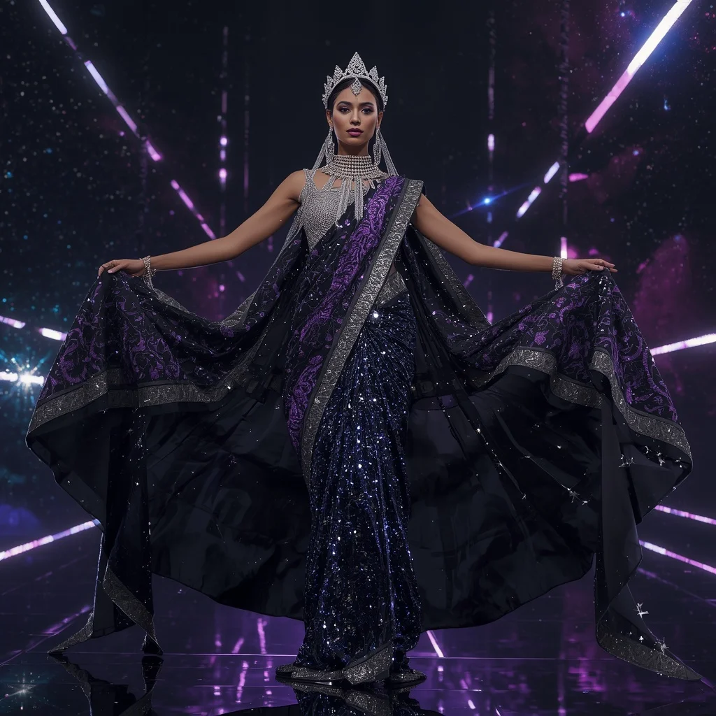 Midnight Nebula Queen Saree with Cosmic Crystal Citadels and Galaxy Crown Universe | Woman Pose Ai Prompt