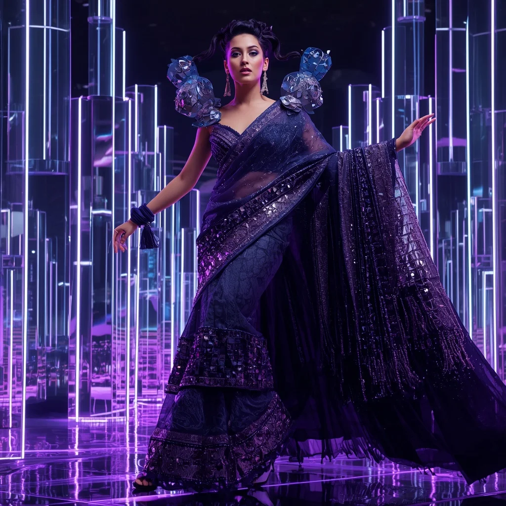 Midnight Nova Crystal Saree with Floating Halo Neon Fortress | Trending Prompt Girls