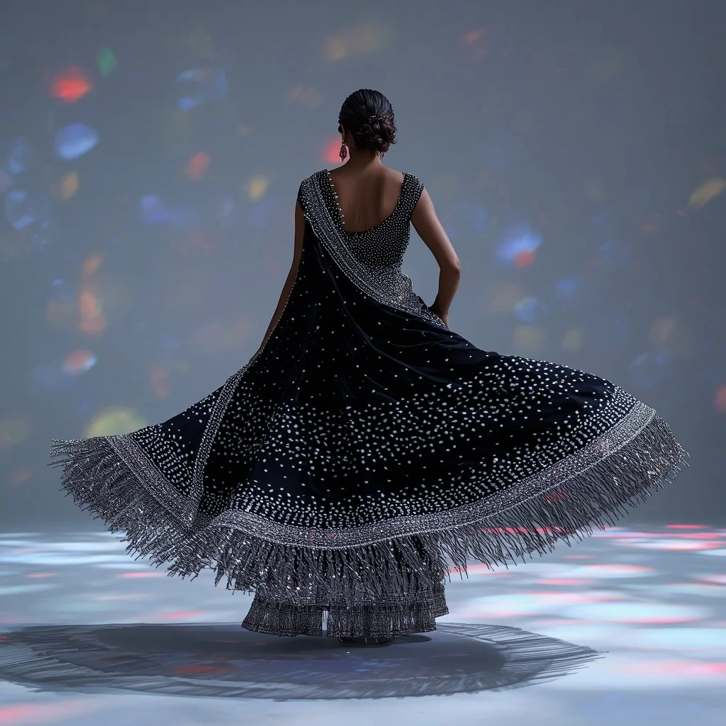 Midnight Onyx Velvet Saree with Massive Crystal Fringe Overload | Ultra Realistic Ai Prompt