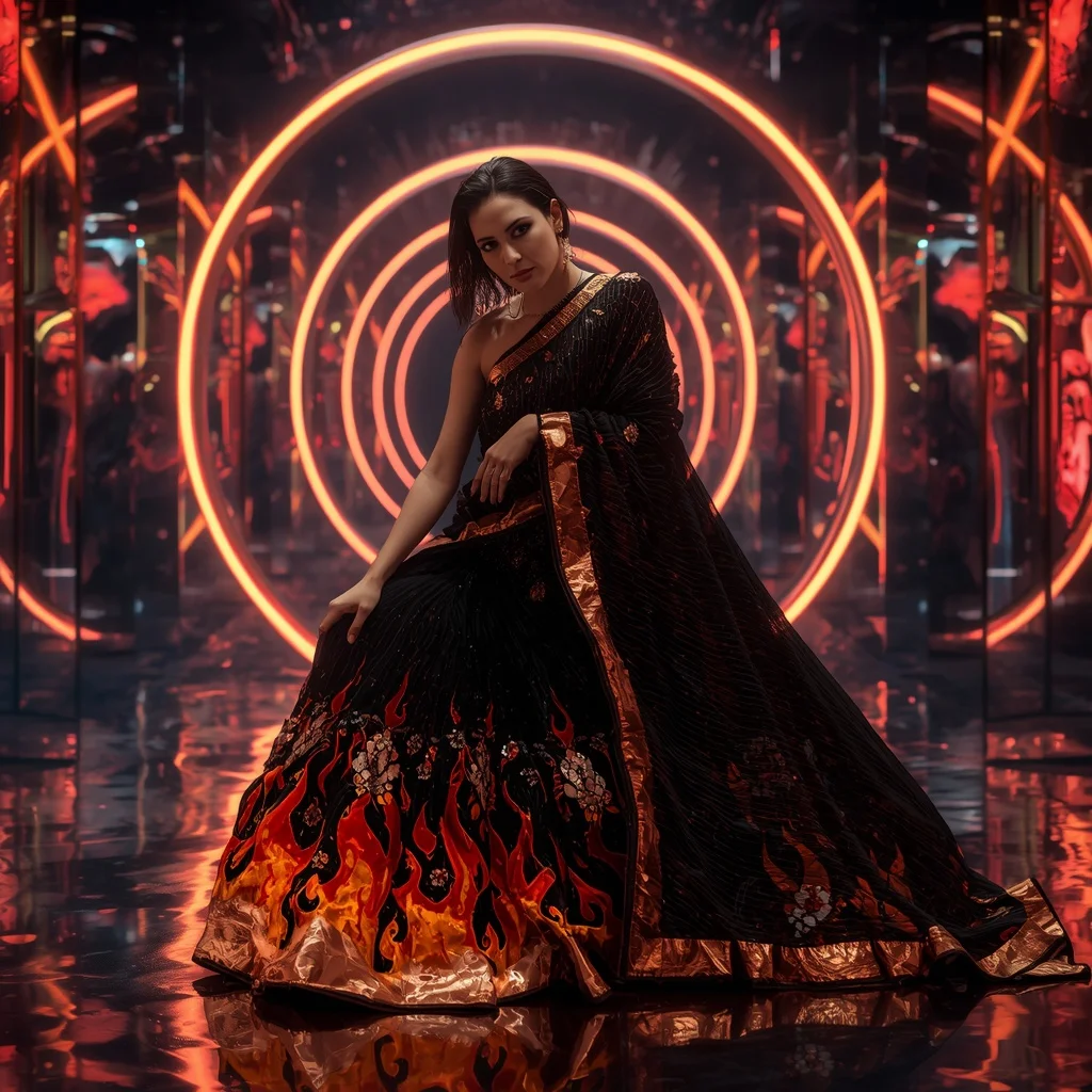 Midnight Phantom Flame Saree with RGB Orbit Arena | Wedding Ai Prompt