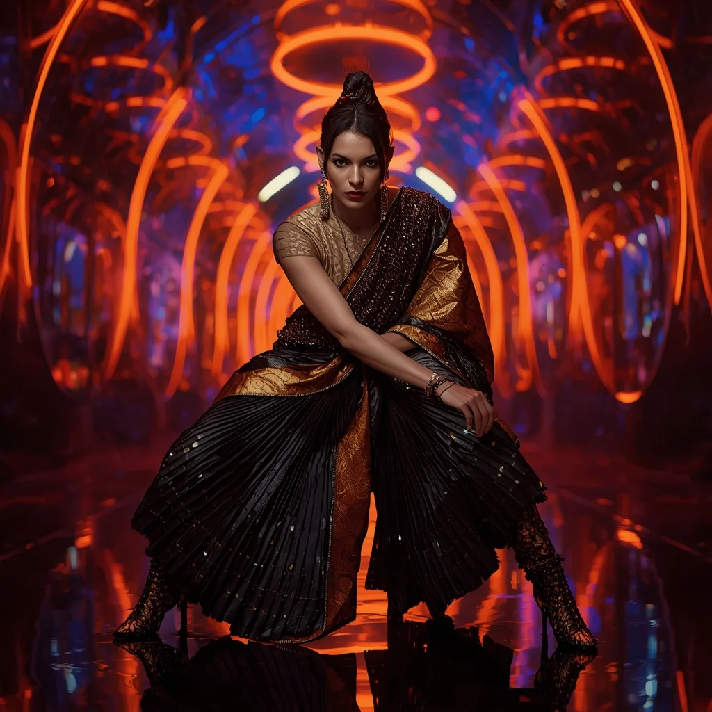 Midnight Phoenix Armor Saree with RGB Orbit Corridor | Prompt Generator
