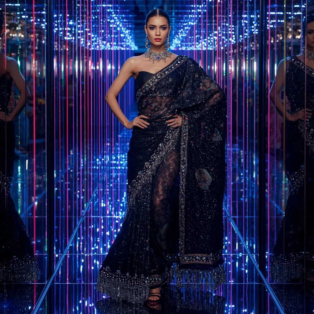 Midnight Prism Galaxy Saree with Infinity Crystal Reflection Corridor | Gemini Ai Photo