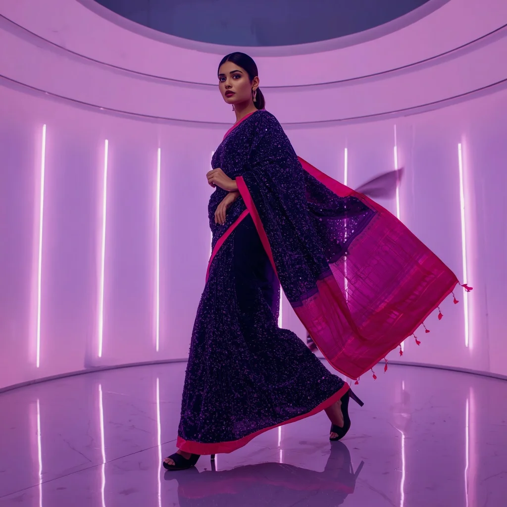 Midnight Purple and Neon Pink Saree with Floating Laser Panels