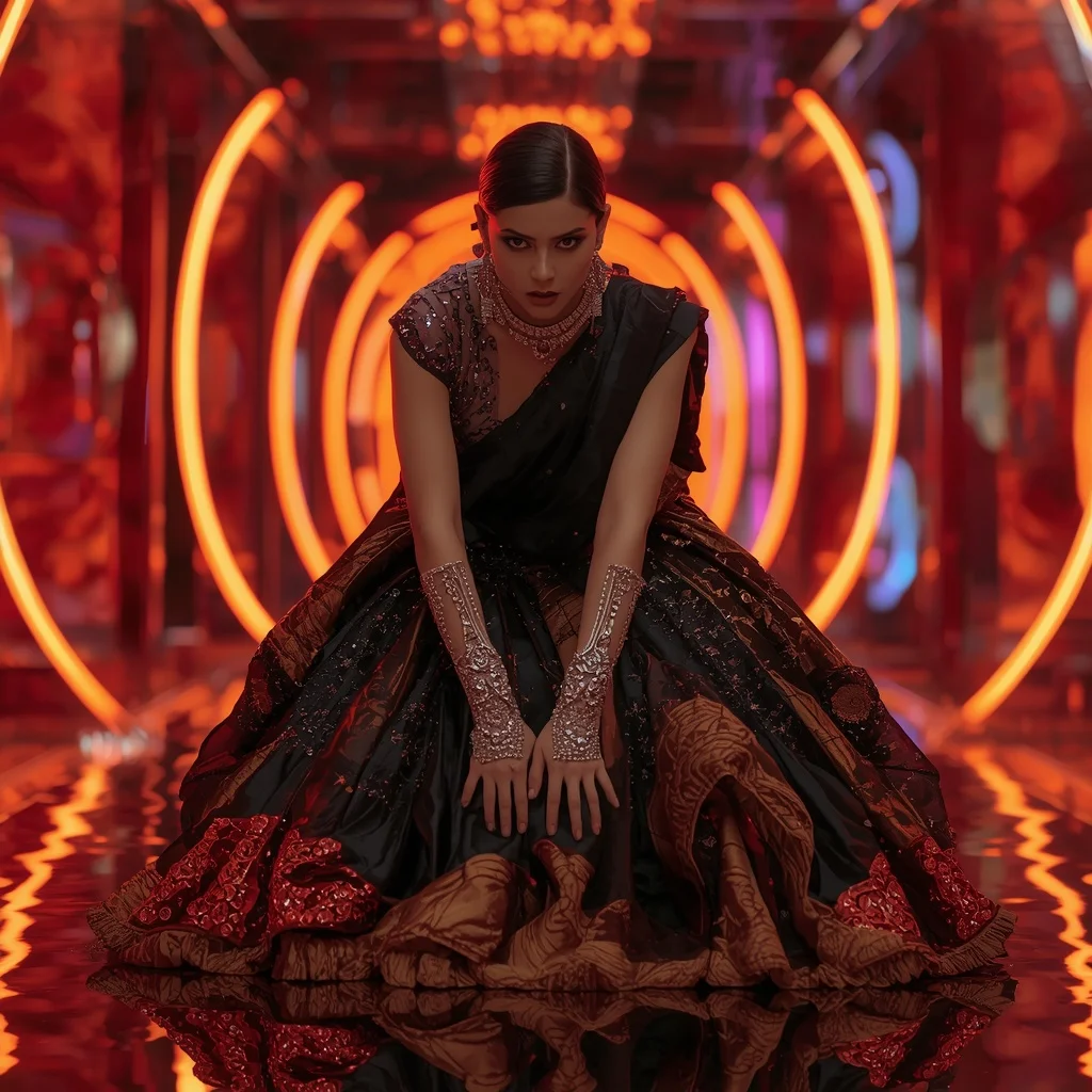 Midnight Thunder Crystal Saree with RGB Orbit Palace | Indian Girl Ai Prompt