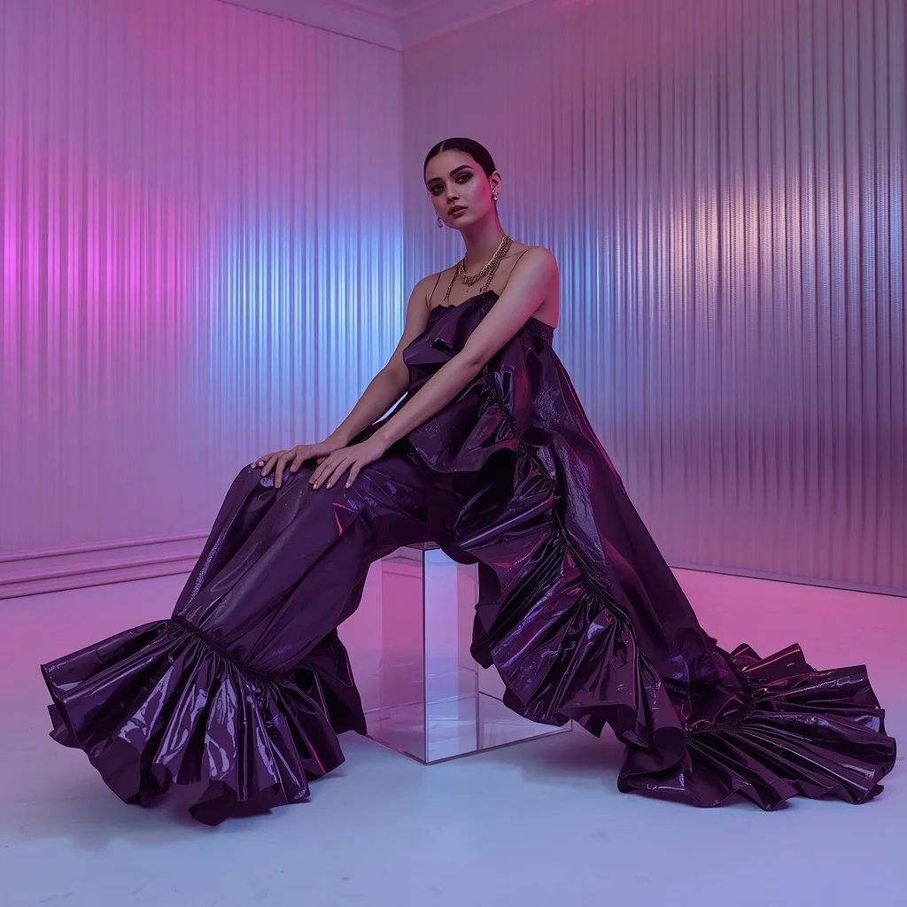 Midnight Violet Holographic Foil Saree with Dramatic Architectural Drape
