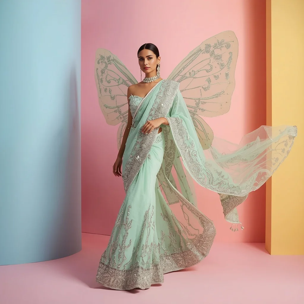 Mint Pastel Glasswing Butterfly Saree Couture with Walking Forward Motion Pose | New Design Ai Prompt