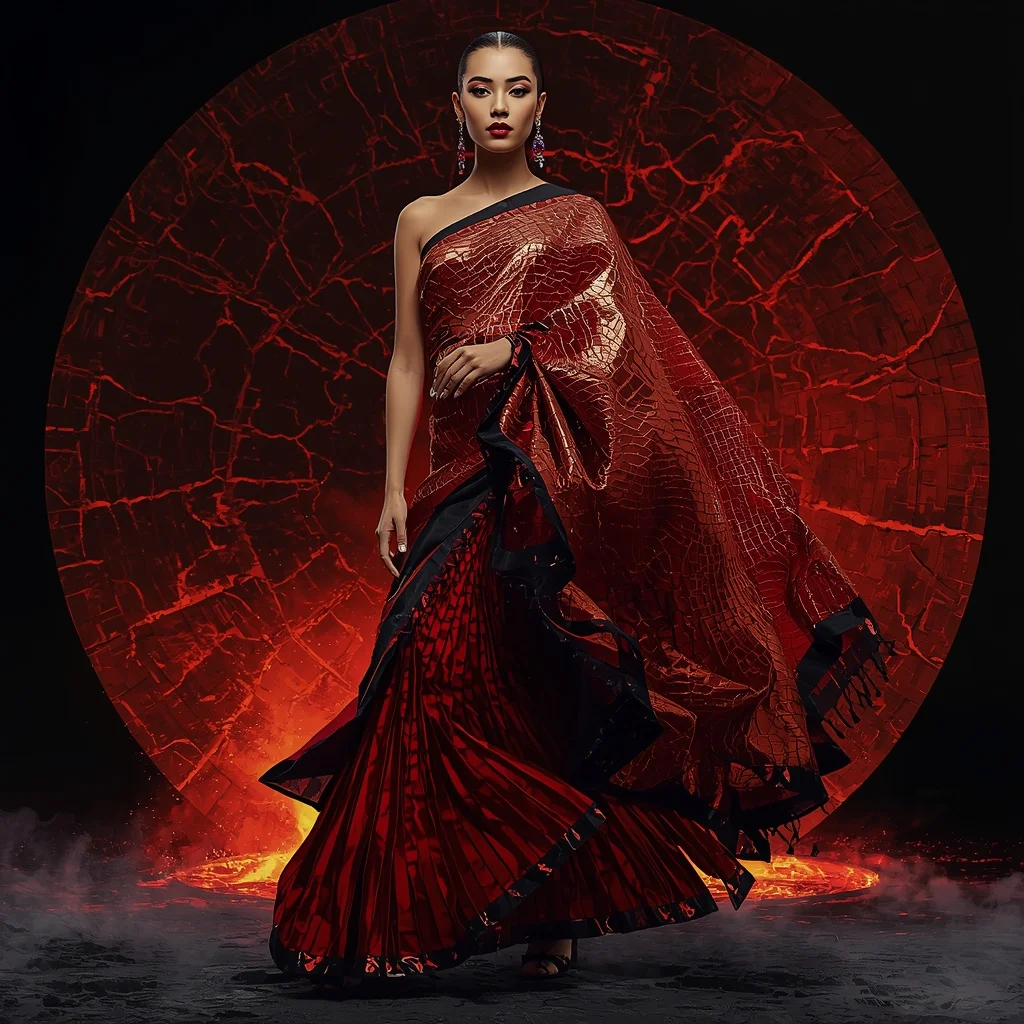 Mirror Lava Crystal Saree with Fractured Volcanic Dome | Gemini Ai Photo Prompt Copy Paste