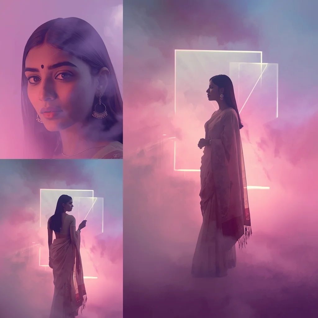 Modern Cinematic Fog And Laser Light Aesthetic Saree Portrait | Gemini Ai Saree Photo