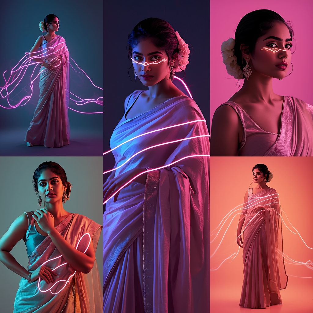 Modern Luxury Pastel Saree Image Prompt for Women with Neon Pastel Light Trails and Fashion Forward Look | Saree Dp Ai Prompt