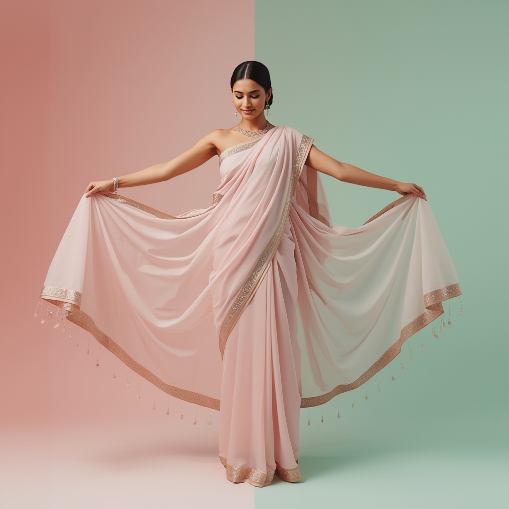 Modern Pastel Saree Wide Spread Pose with Fashion Editorial Look | Gemini Saree Ai Photo Prompt