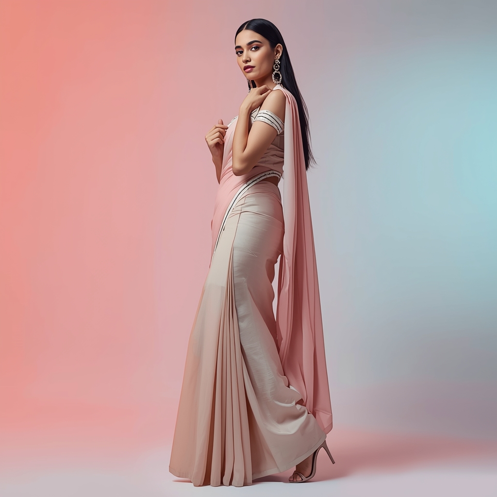 Modern Saree Girl Cross Leg Angle Turn Elegant Pose | Realistic Ai Prompt