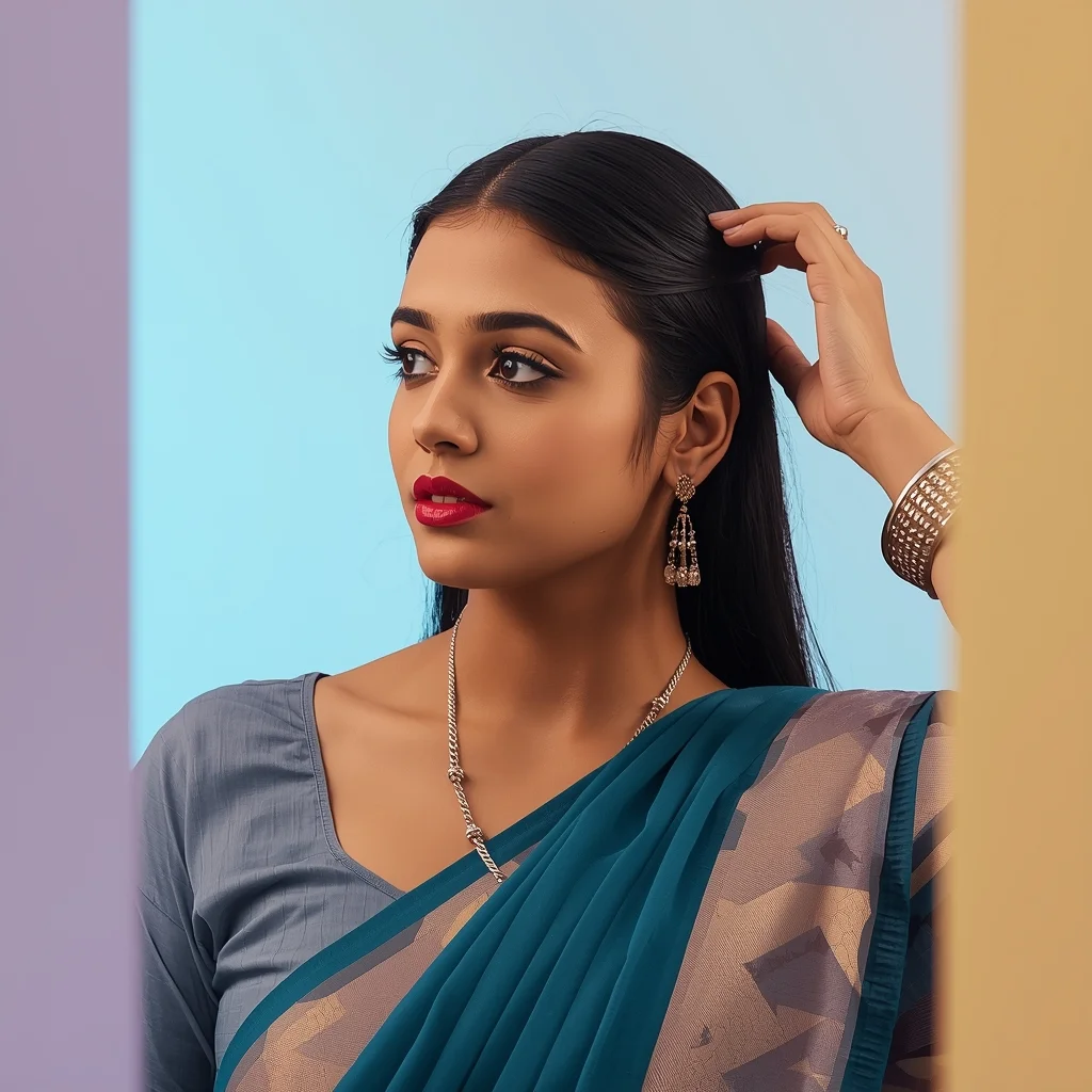 Modern Saree Hair Adjustment Pose with Clean Aesthetic Frame | Beautiful Saree Girl Ai Prompt