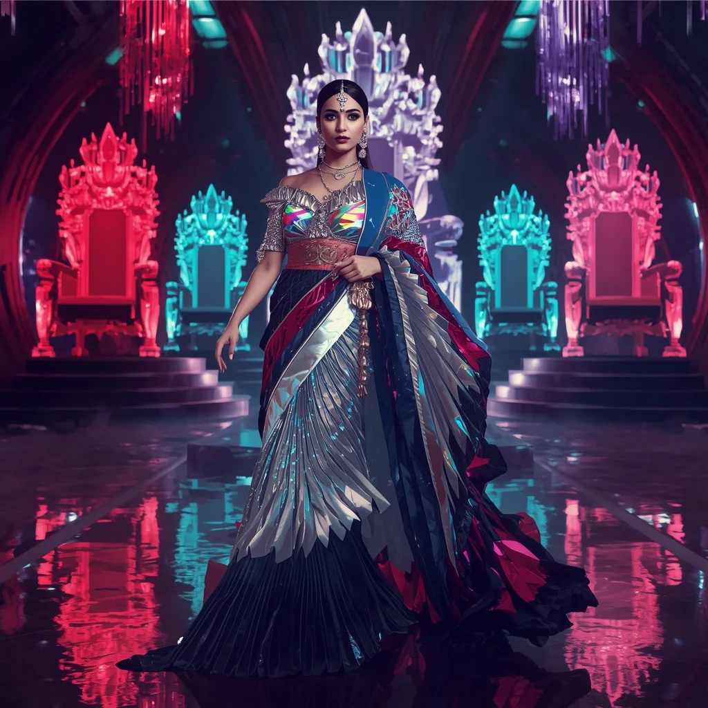 Molten Prism Empress Saree with Floating Neon Crystal Thrones | Text To Image Prompt