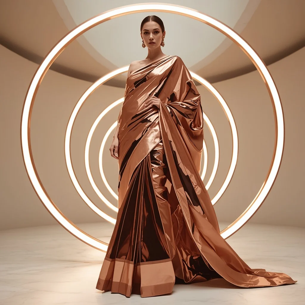 Molten Rose Gold and Geometric Mirror Saree with Circular LED Atrium | Trending Prompts For Instagram For Girl