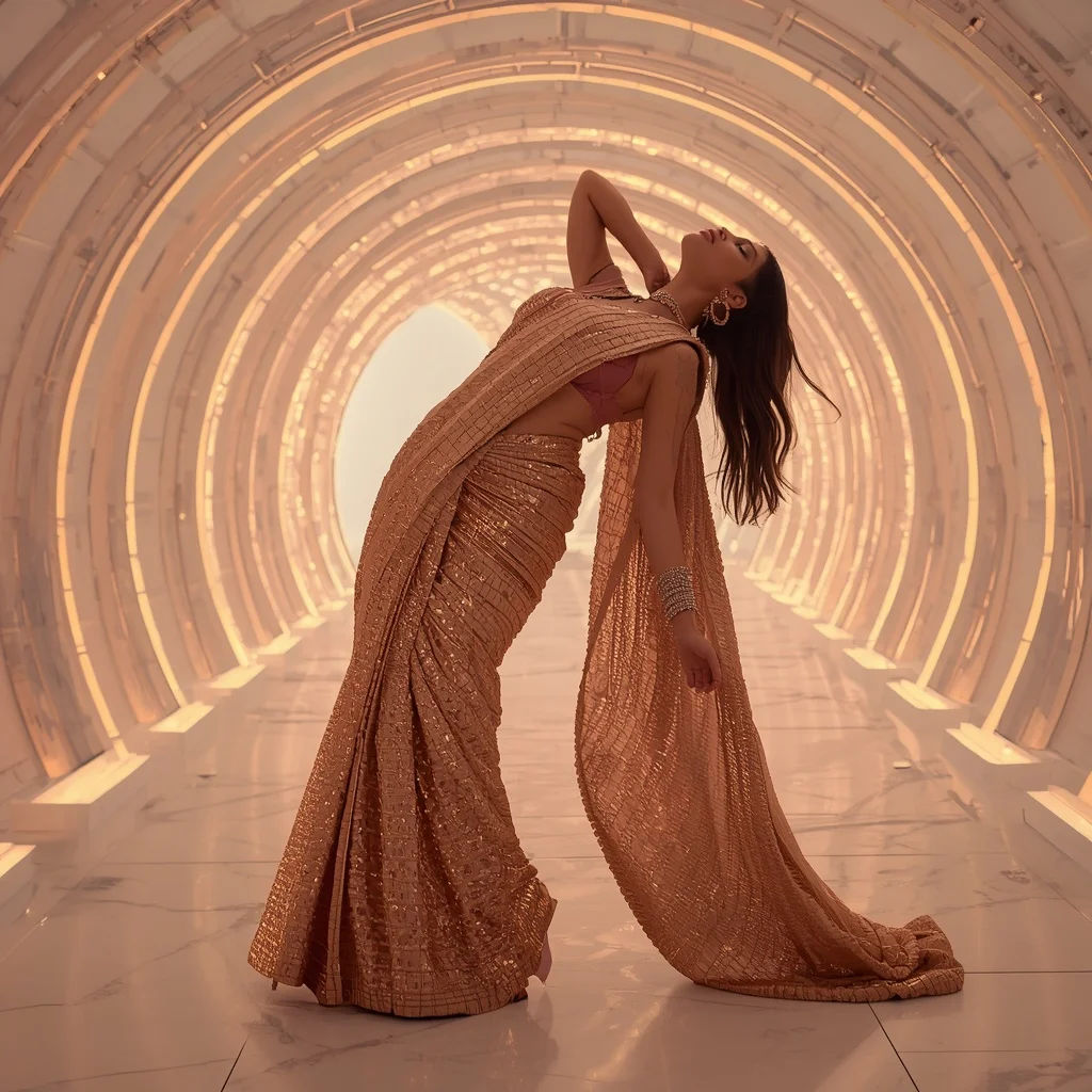 Molten Rose Gold Armor-Drape Saree with Infinity Prism Tunnel | Prompt For Gemini AI Girl Style Trending Instagram