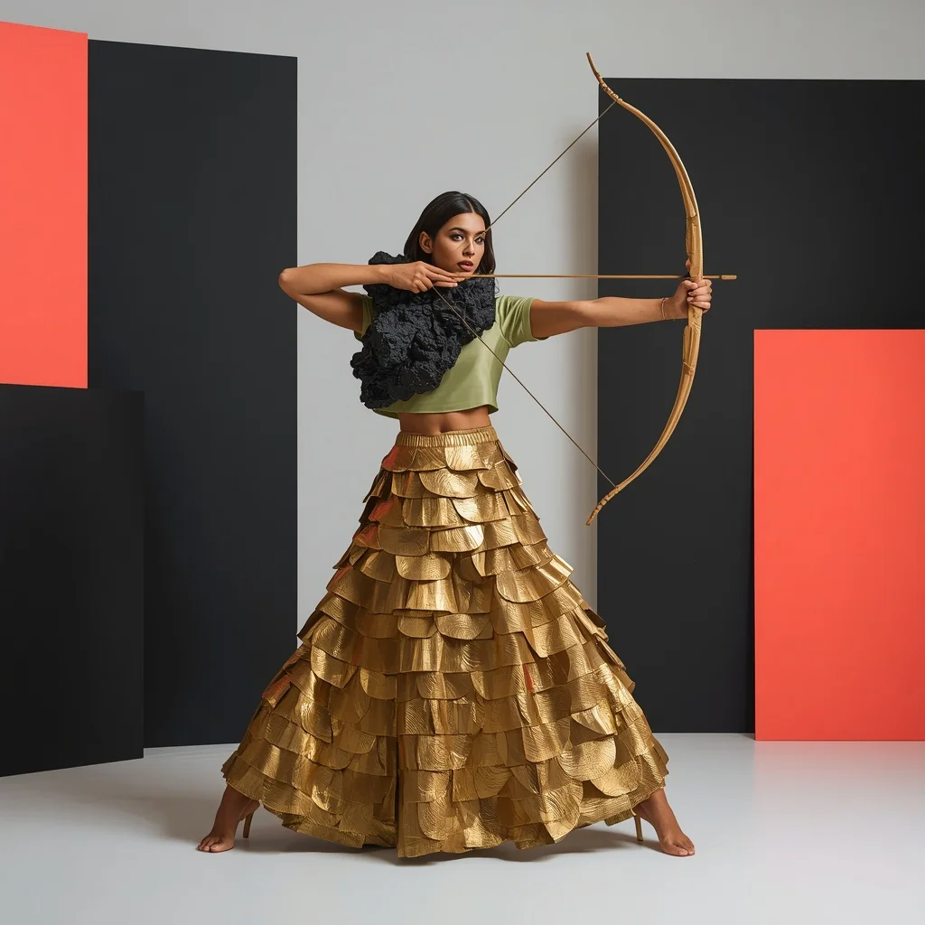 Molten Volcanic Basalt Crust & Thick Corrugated Brass Shingles Pastel Olive Saree | Warrior Bow Stance Pose | Editing Prompt Girl