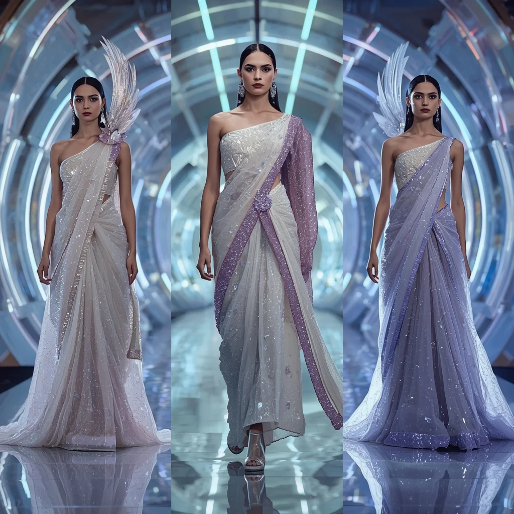 Moonlight Crystal Celestial Infinity Saree with Triple Runway Poses and Prism Glow Eternal Cosmos | Motivation Ai Prompt