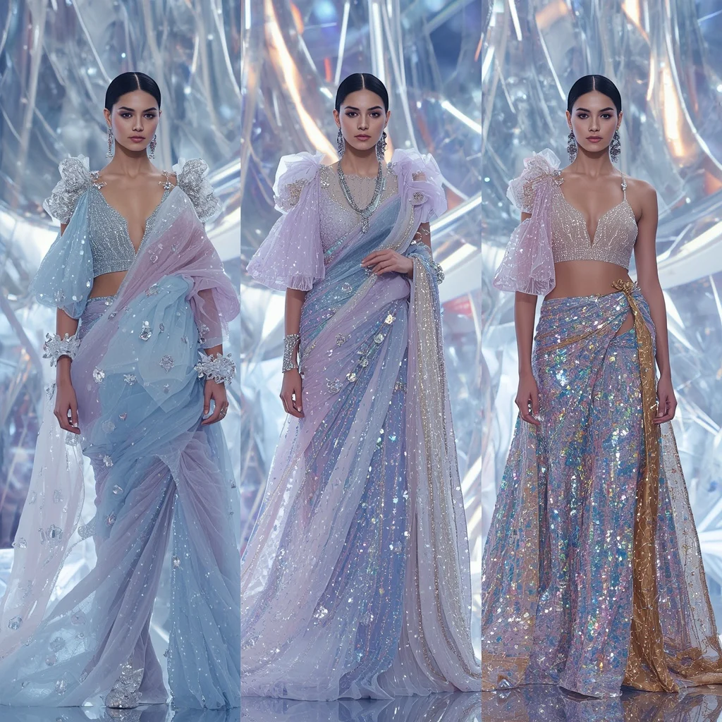 Moonlight Crystal Celestial Megaverse Saree with Triple Runway Poses and Prism Glow Eternal Quantum Hyperverse | Copy Paste Ai Prompt