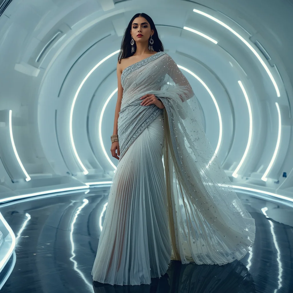 Moonlight Crystal Drape Saree with Floating LED Dome | Pre Wedding Ai Prompt