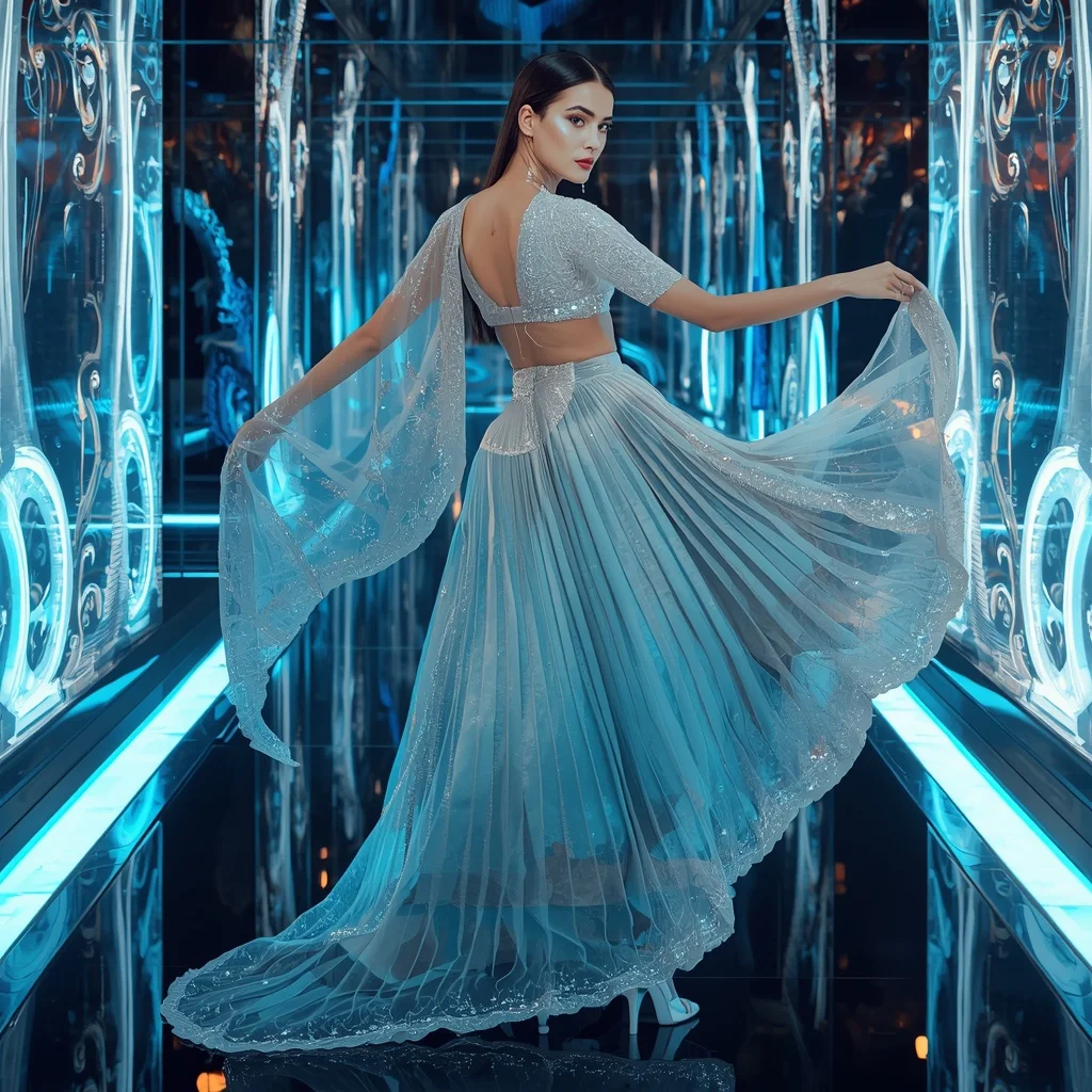 Moonlight Crystal Infinity Saree with Floating Neon Liquid Rivers | Ai Girl Image Prompt